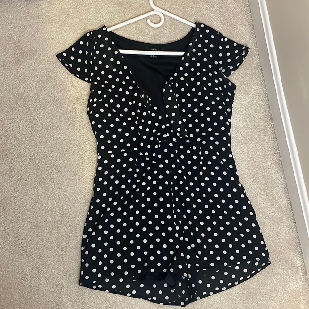 Black and white polka dot romper